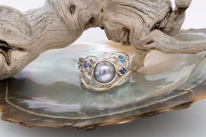 Pearl & Blue Coloured Stone Vine Ring