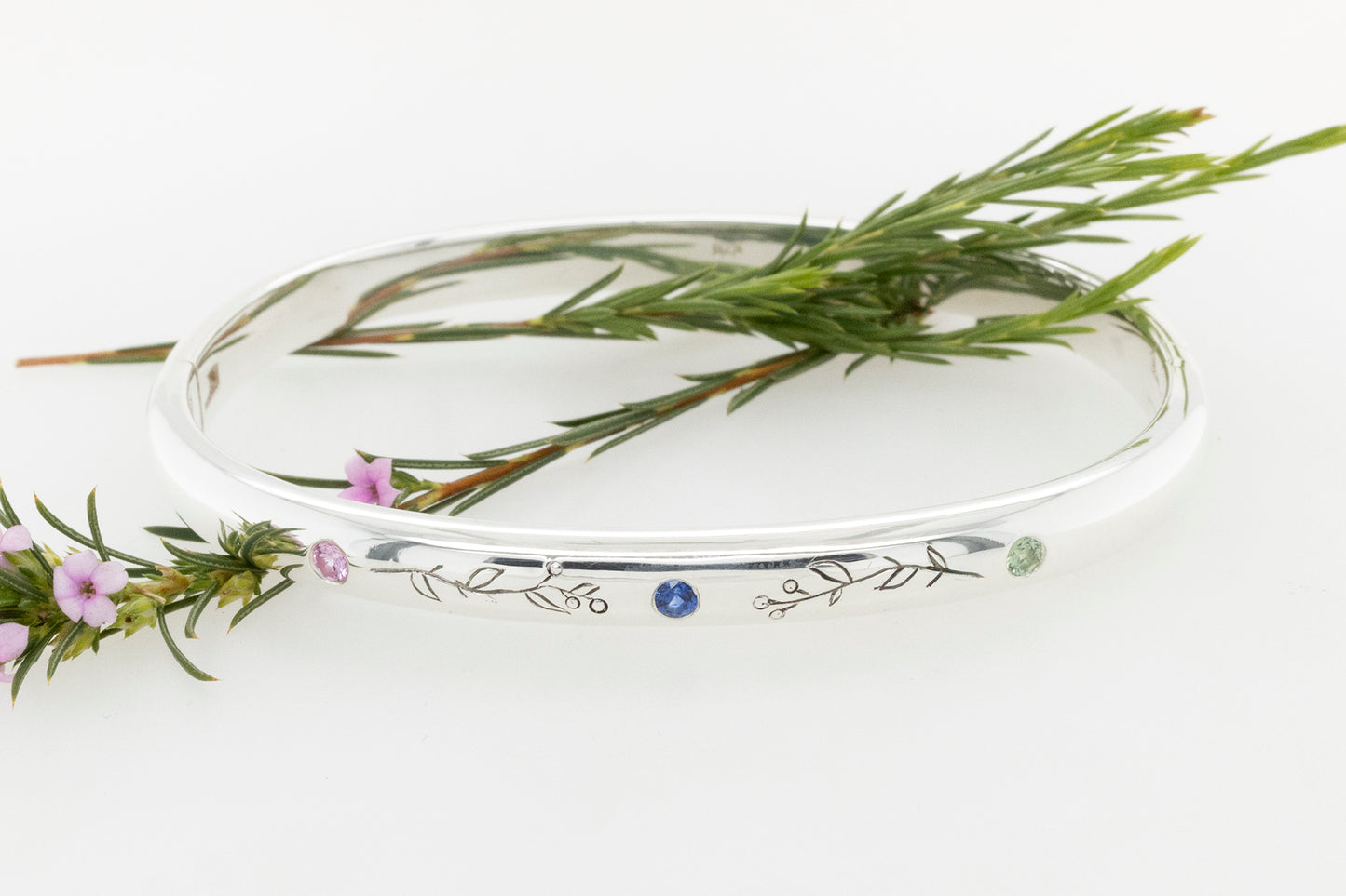 Garnet and Blue Diamond Hand Engraved Flora Bangle