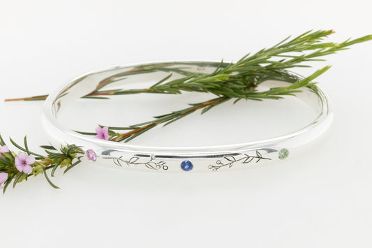 Garnet and Blue Diamond Hand Engraved Flora Bangle