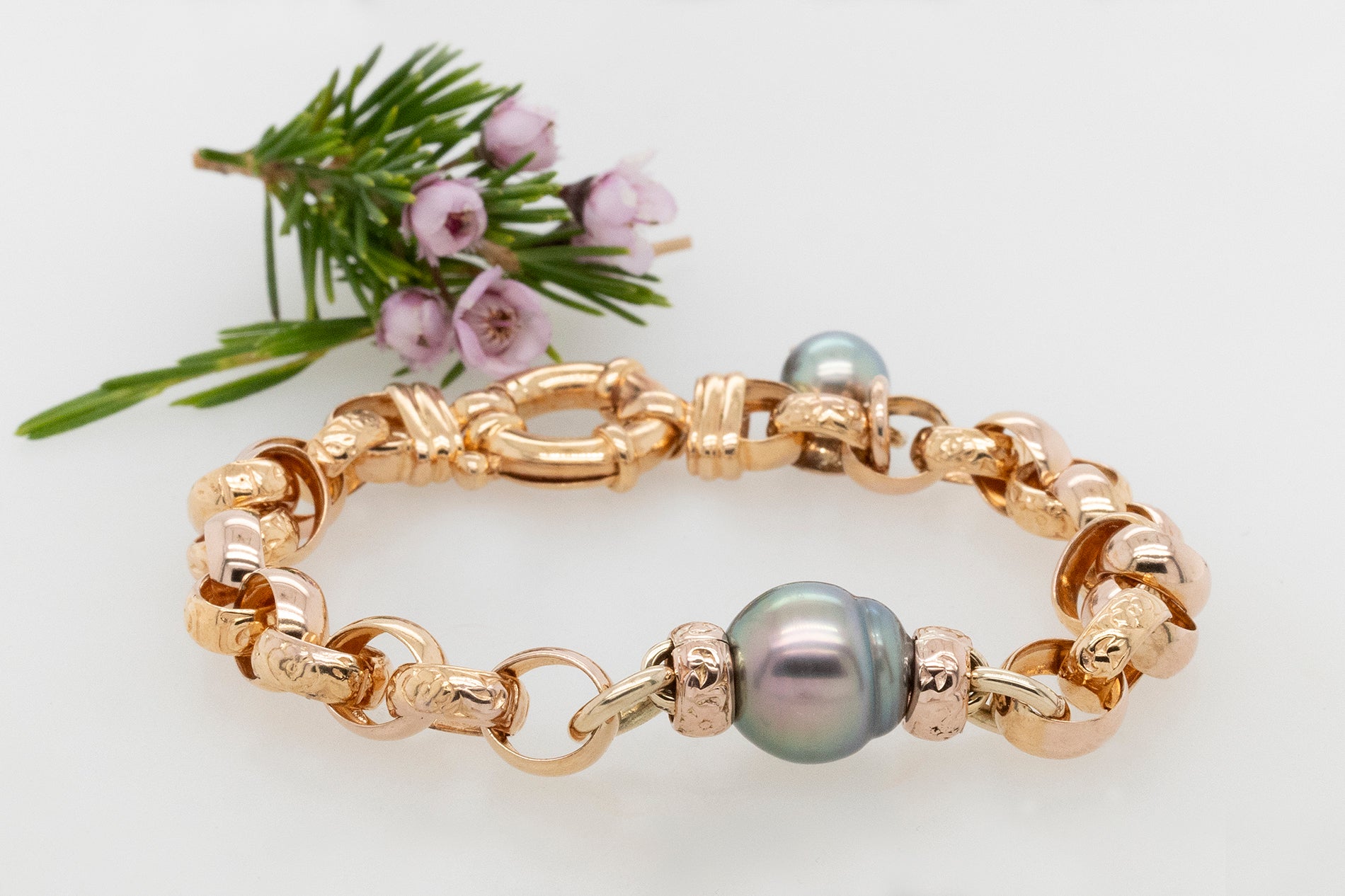 Fancy Pearl Belcher Two Tone Bracelet 