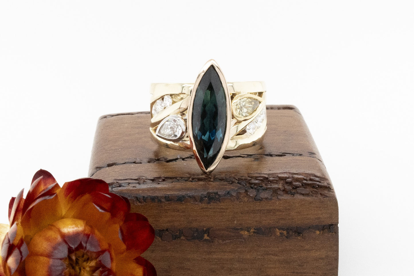 Marquise Sapphire, Yellow and White Diamond Ring