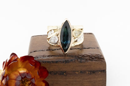 Marquise Sapphire, Yellow and White Diamond Ring