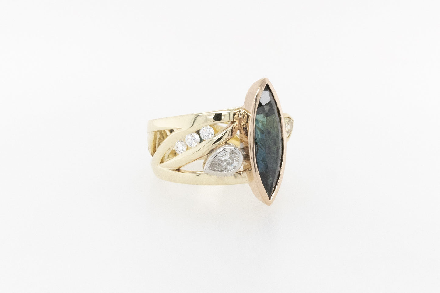 Marquise Sapphire, Yellow and White Diamond Ring