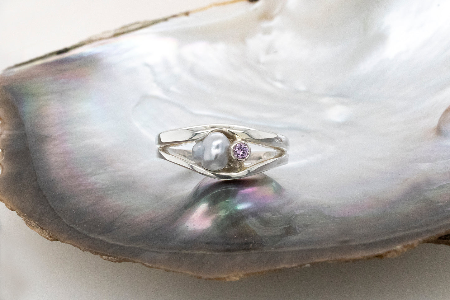Abrolhos Keshi Pearl and Pink Sapphire Ring