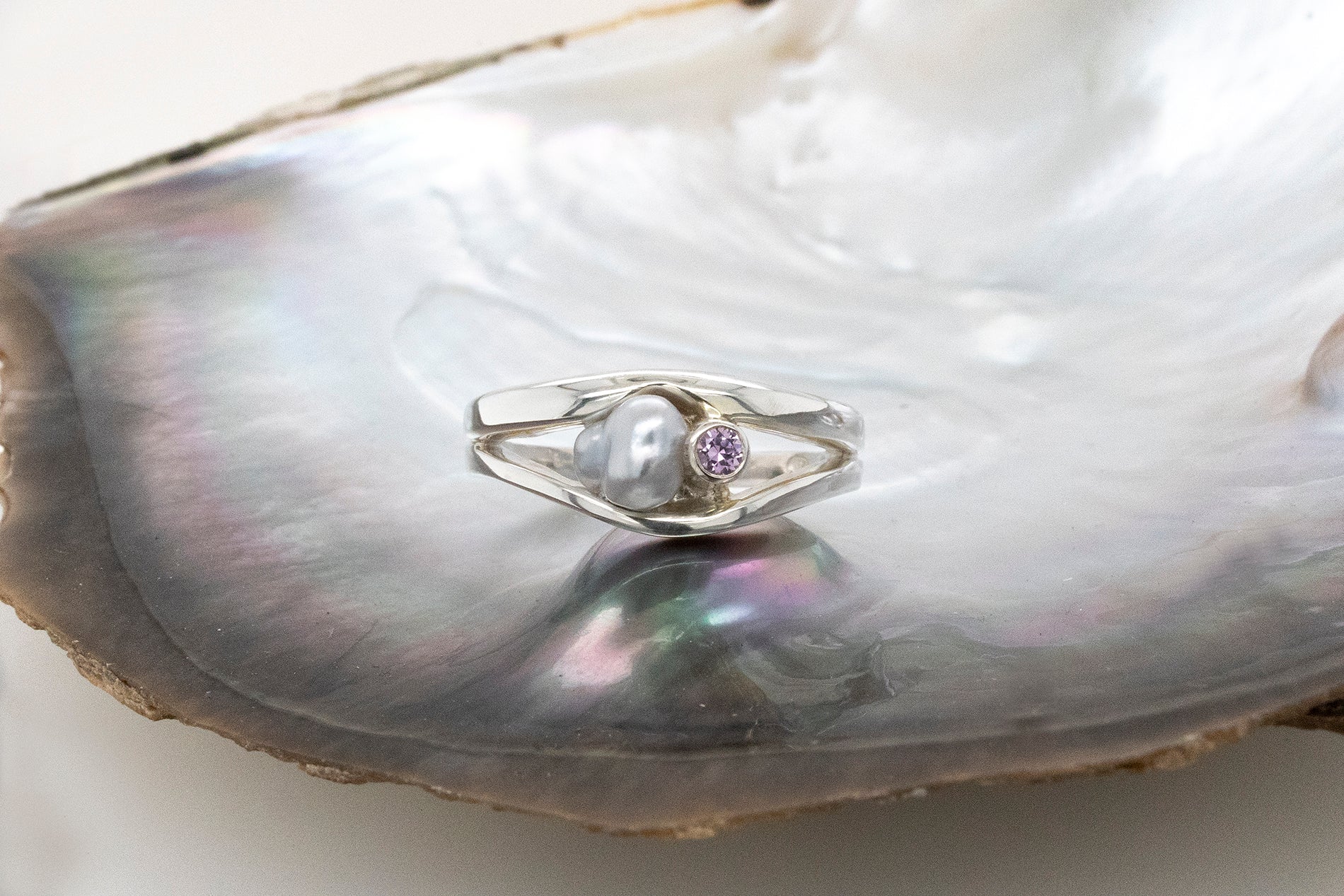 Abrolhos Keshi Pearl and Pink Sapphire Ring