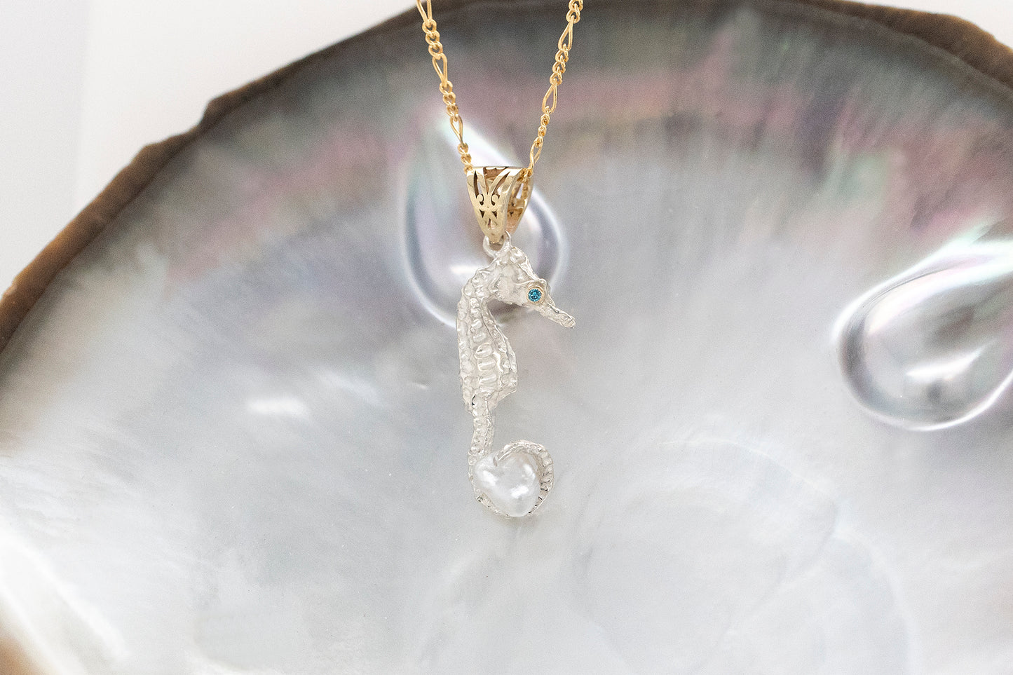 Diamond and Abrolhos Keshi Pearl Baby Seahorse Pendant