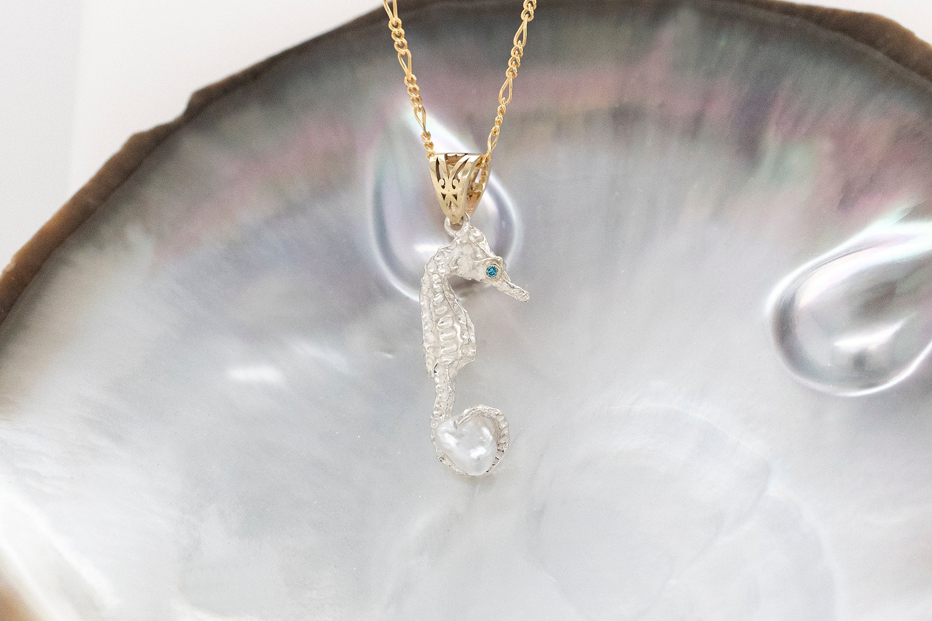 Diamond and Abrolhos Keshi Pearl Baby Seahorse Pendant