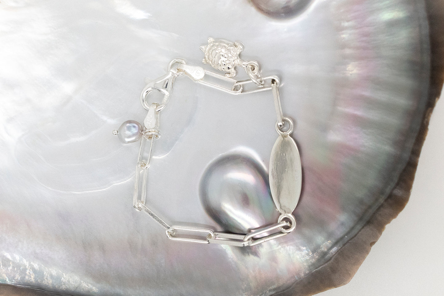Baby Bracelet with Keshi Pearl and Turtle Charm