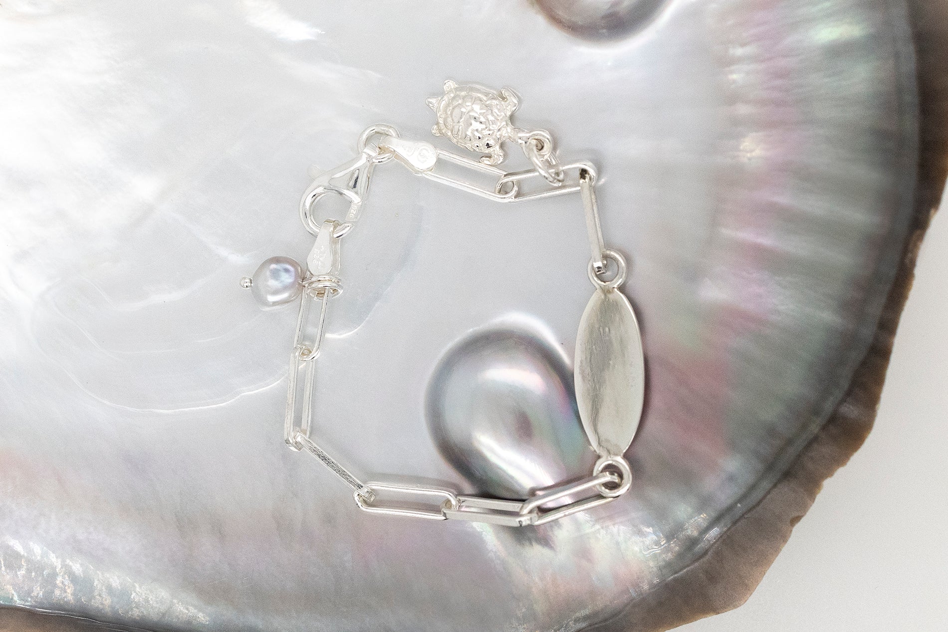 Baby Bracelet with Keshi Pearl and Turtle Charm