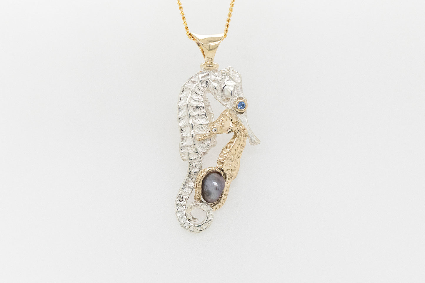 Seahorse Embrace Pendant with Keshi Pearl, Sapphire and Diamond