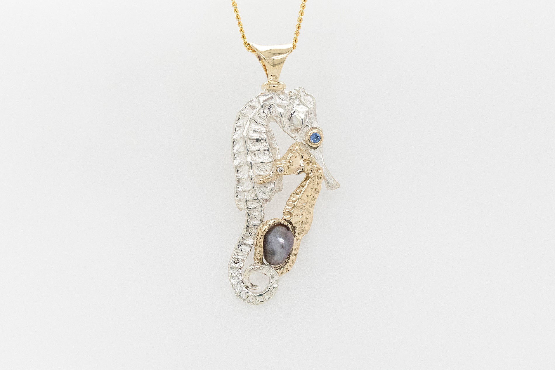 Seahorse Embrace Pendant with Keshi Pearl, Sapphire and Diamond