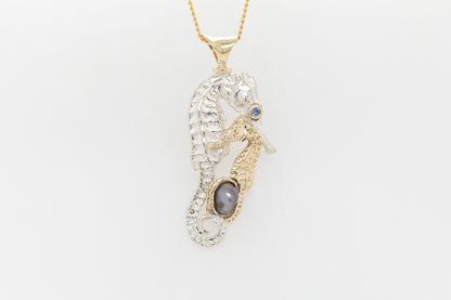 Seahorse Embrace Pendant with Keshi Pearl, Sapphire and Diamond