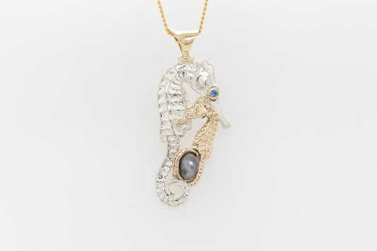 Seahorse Embrace Pendant with Keshi Pearl, Sapphire and Diamond