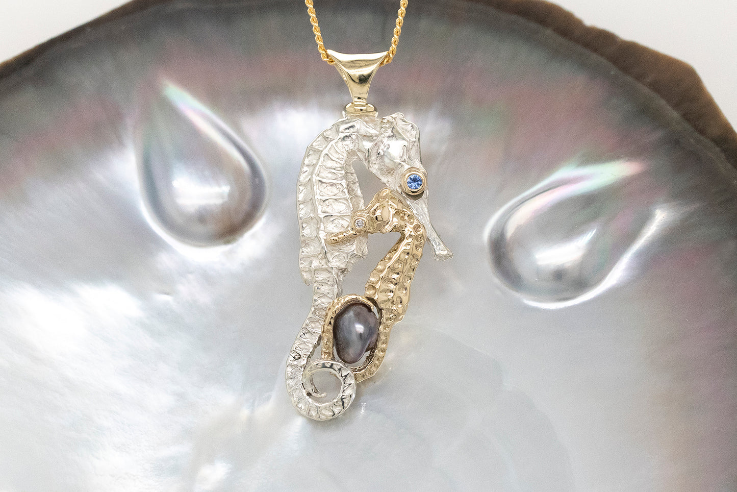 Seahorse Embrace Pendant with Keshi Pearl, Sapphire and Diamond