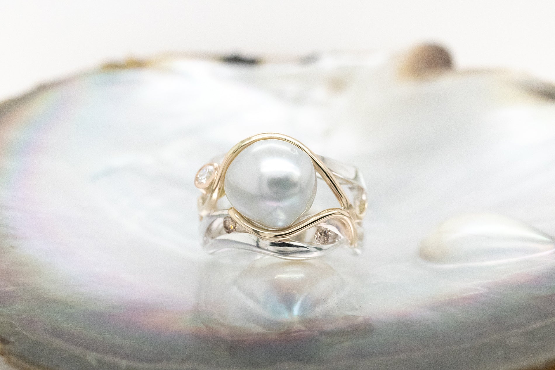 Baroque Pearl Ring with Champagne and White Diamonds