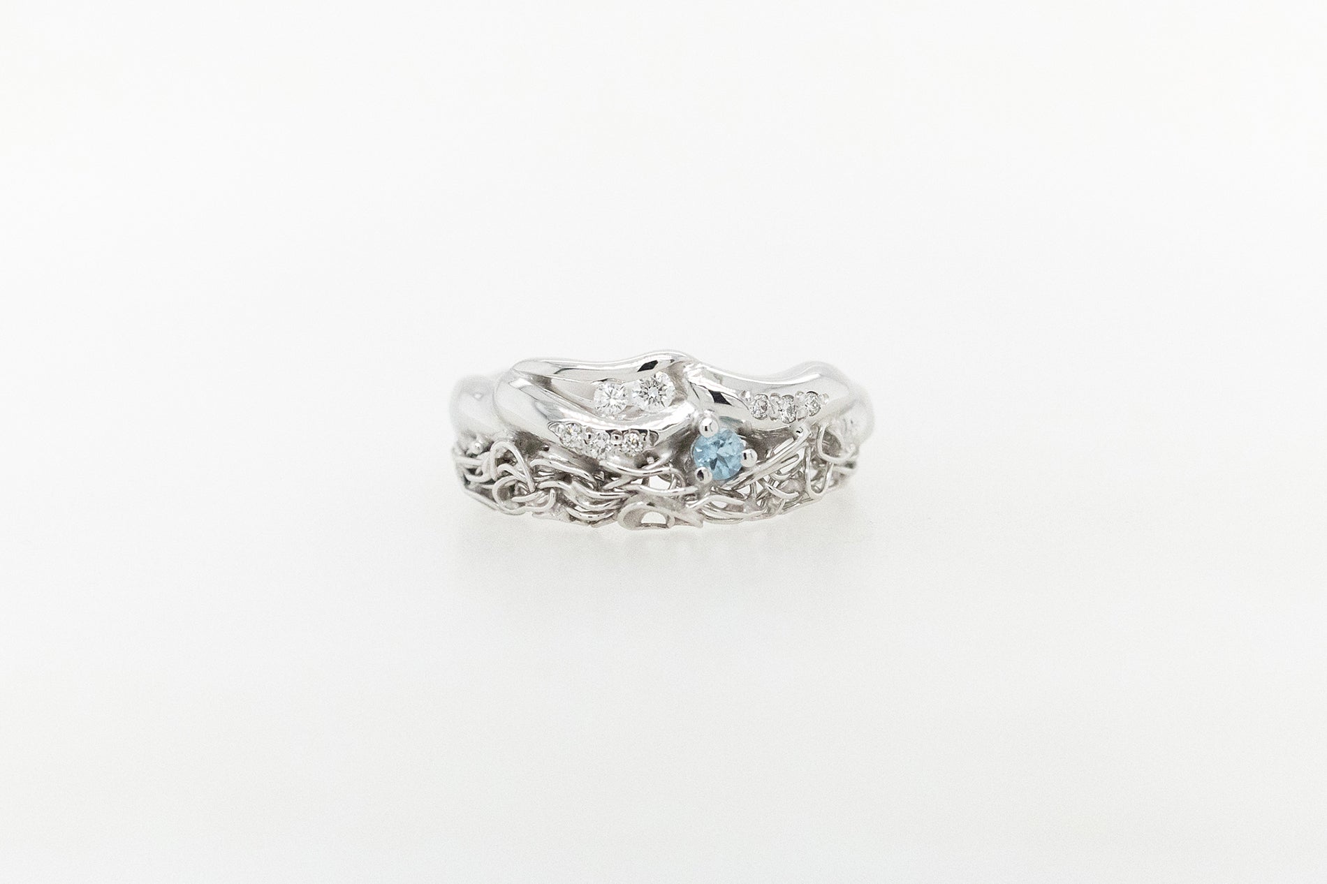 French Knitted Aquamarine and Diamond Ring