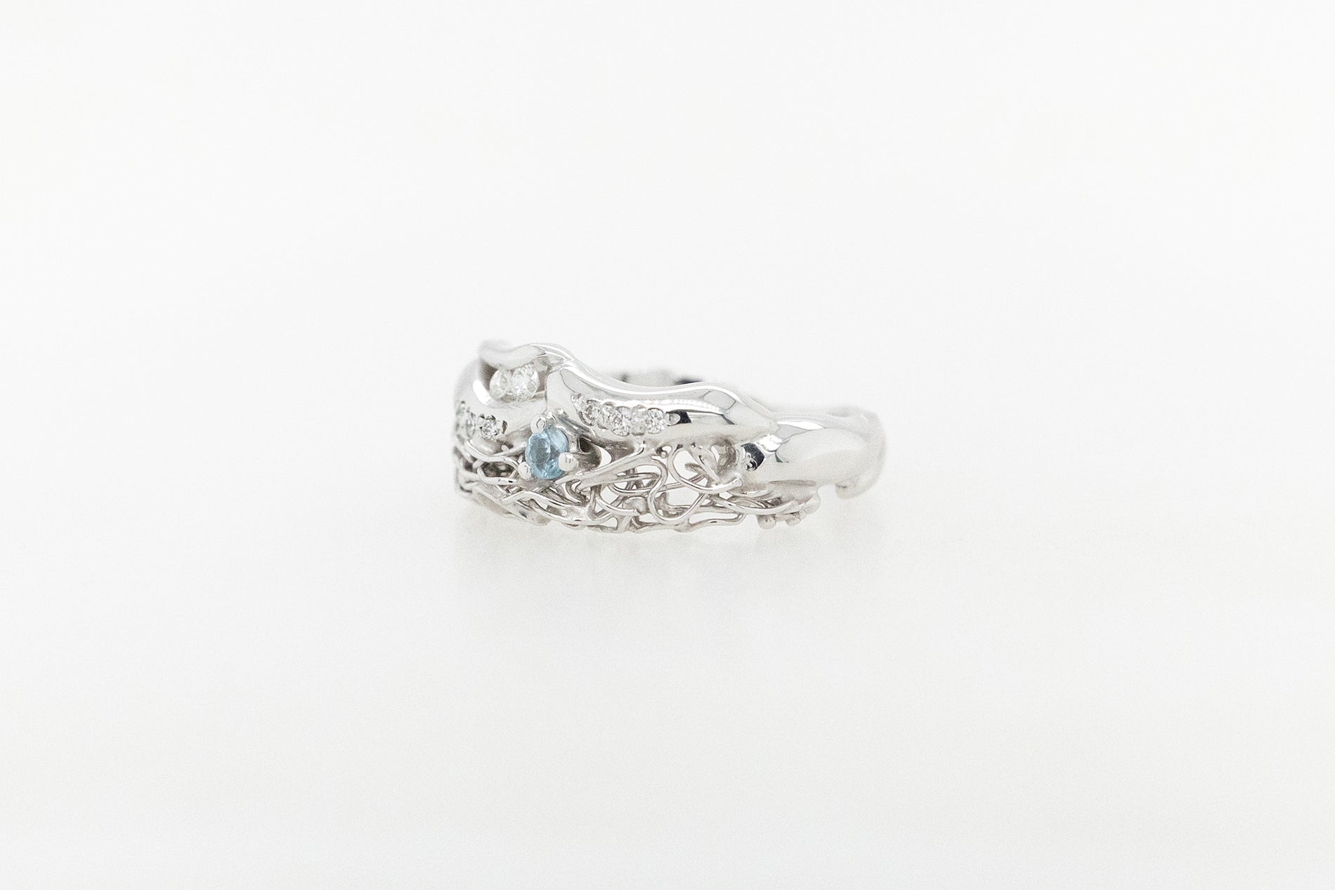 French Knitted Aquamarine and Diamond Ring