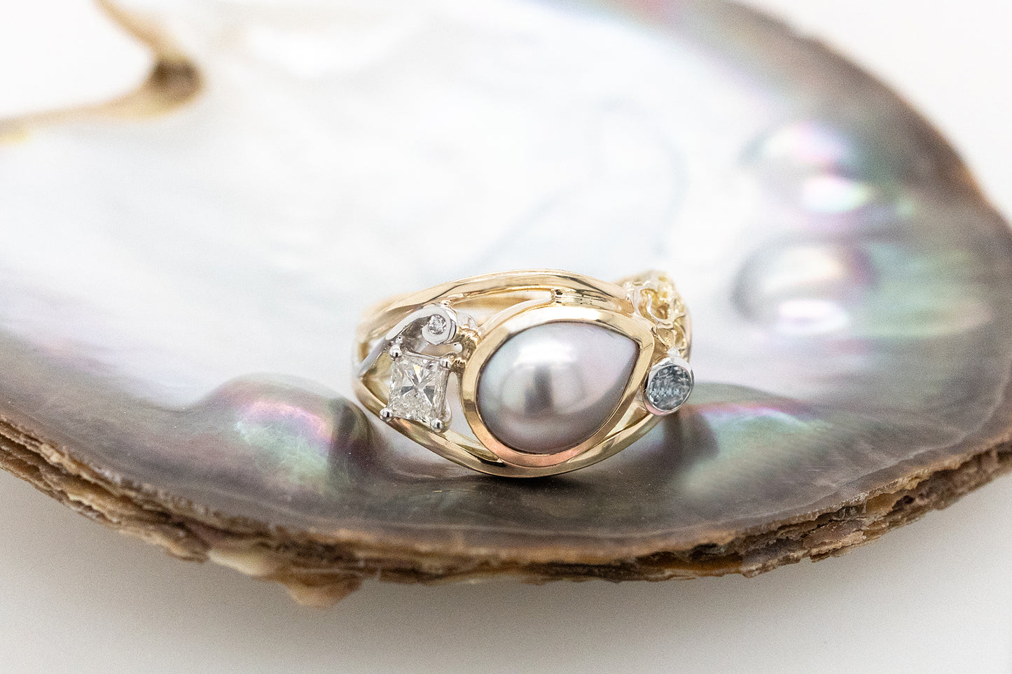 Diamond, Aquamarine & Pearl Knit Ring