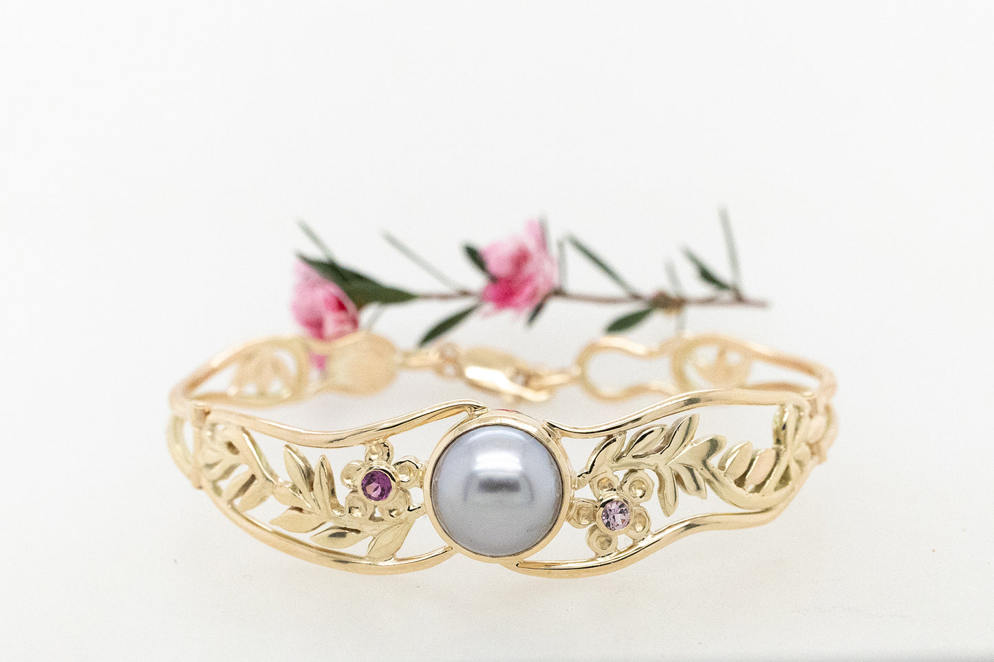 Abrolhos Pearl and Coloured stone, Geraldton Wax Hinged Cuff Bracelet