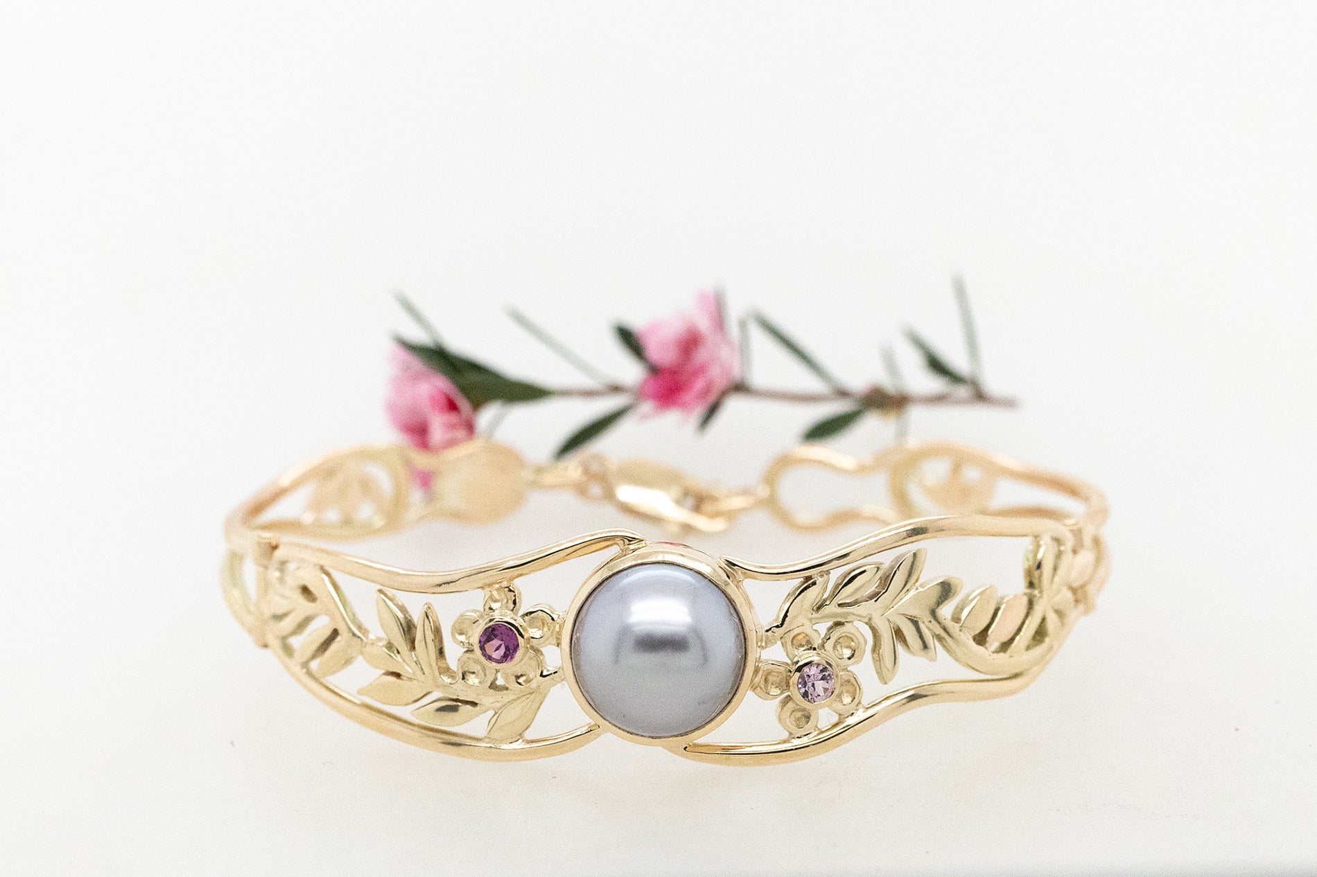 Abrolhos Pearl and Coloured stone, Geraldton Wax Hinged Cuff Bracelet