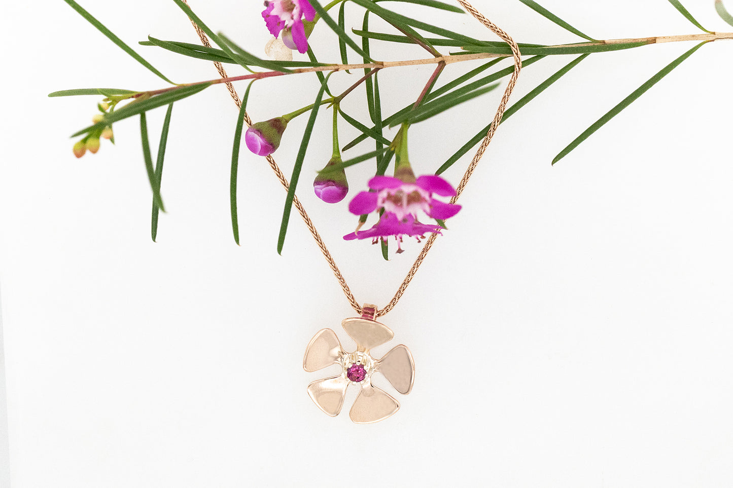 Geraldton Wax & Garnet Flower Pendant