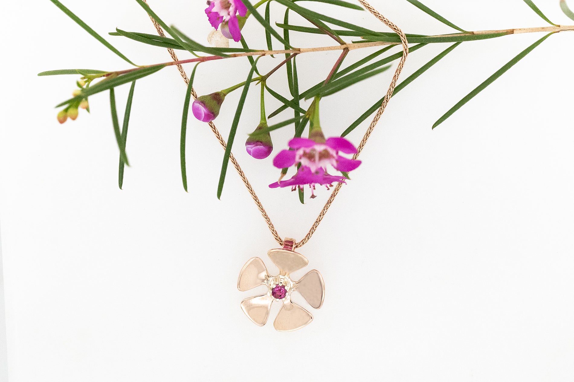 Geraldton Wax & Garnet Flower Pendant