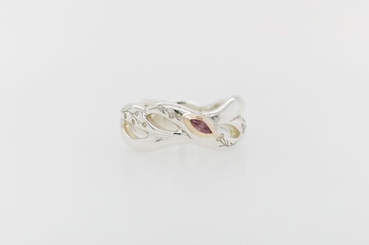 Marquise Pink Sapphire Geraldton Wax Bud Engraved Ring 