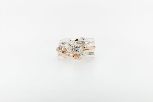 White and Champagne Diamond Low Profile Seaweed Ring