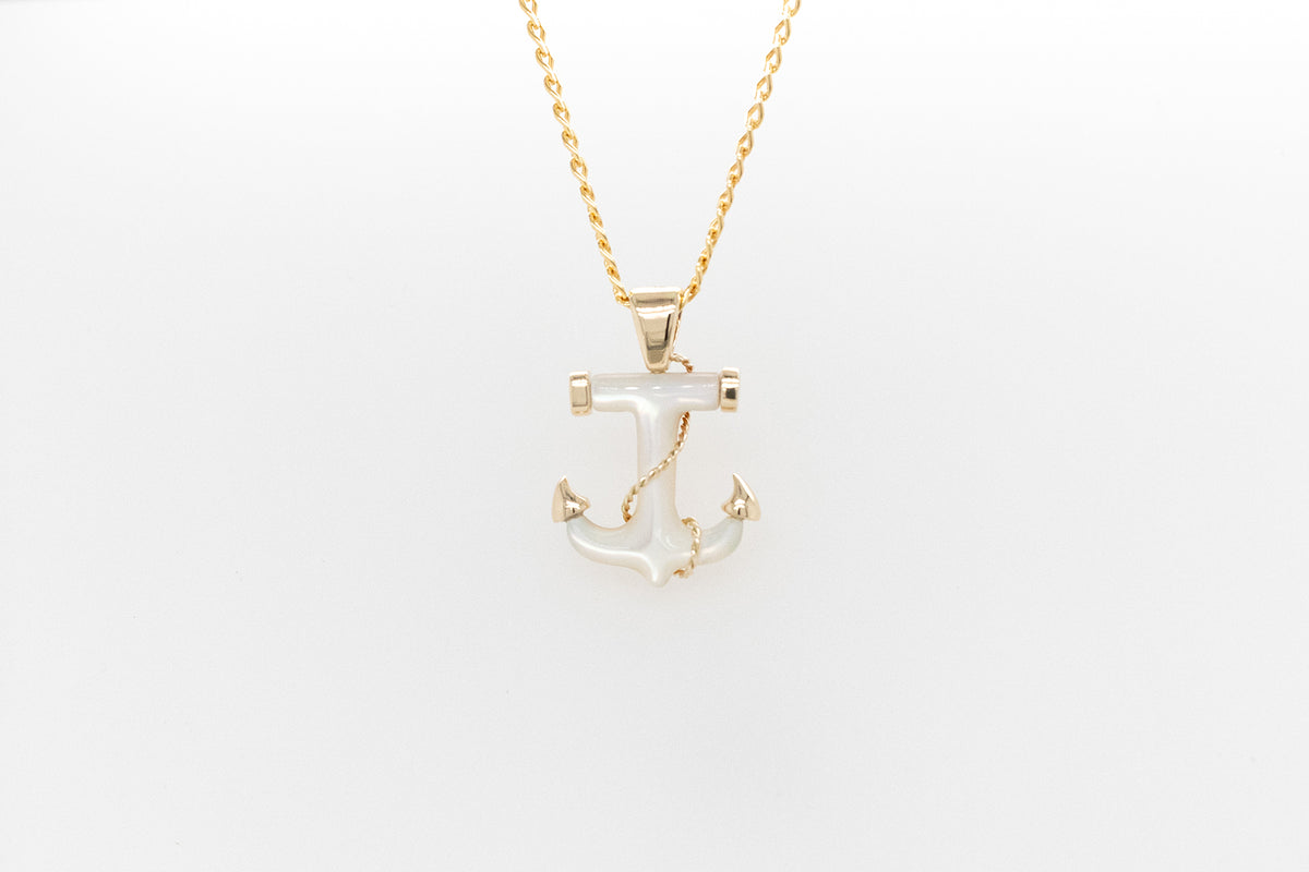 Mother of Pearl Carved Anchor Pendant with Gold Accents