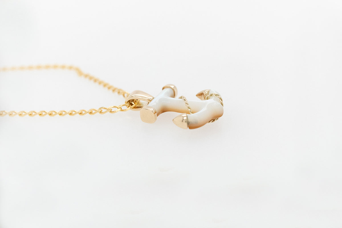Mother of Pearl Carved Anchor Pendant with Gold Accents