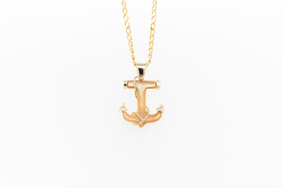 Mother of Pearl Carved Anchor Pendant with Gold Accents