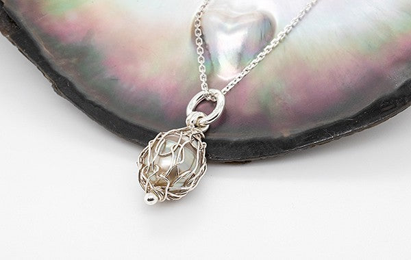 French Knitted Covered Pearl Pendant Fine Silver Medium