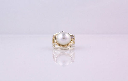 Australian Pearl & Diamond Ring SS & 9Y
