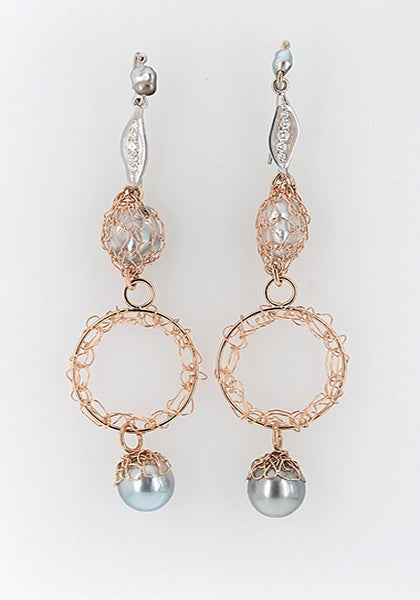 Pearl & Diamond French Knitted Long Earrings 9R