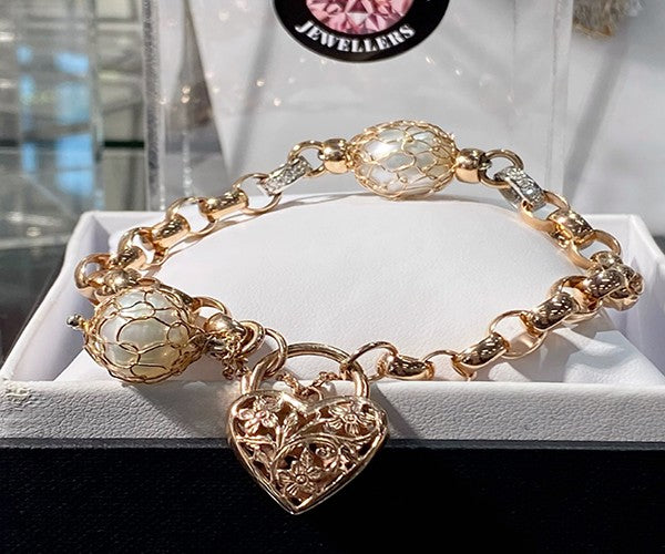 Belcher Bracelet Knitted Pearls Diamonds Heart Padlock