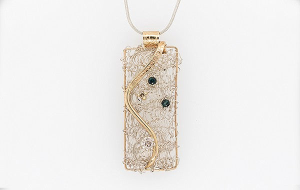 Knitted Pendant Teal Tourmaline, Champagne Diamond