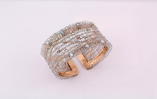 French Knitted Pink Diamond & Keshi Cuff