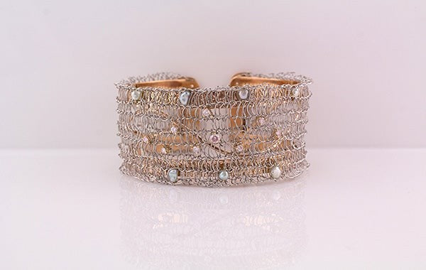 French Knitted Pink Diamond & Keshi Cuff