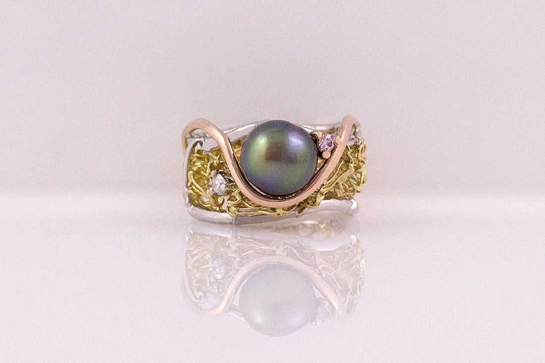 Pink Diamond Pearl & French Knitted Ring