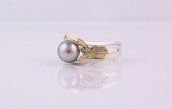 Gum Leaf Pearl & Champagne Diamond Ring