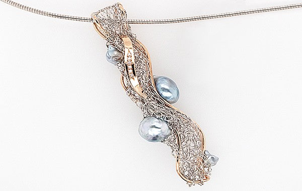 French Knitted Pink Diamond & Pearl Pendant