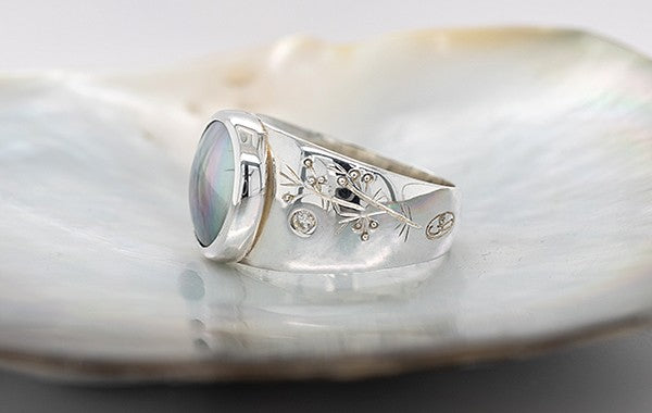 Mabe Pearl & Diamond Ring Hand Engraved
