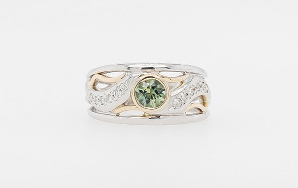 Sapphire Green & Diamond 2 Tone Ring