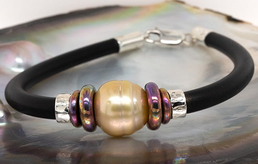 Indonesian Pearl & Titanium Neoprene Bracelet 12.3mm