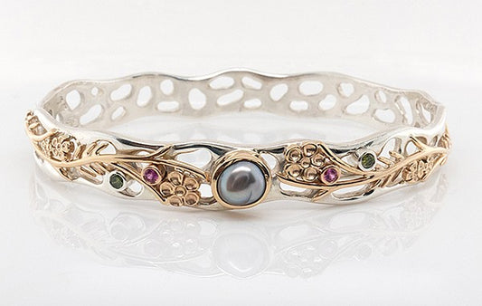 Bangle 'In The Wild' Green Diamonds, Pink Sapphires & Keshi