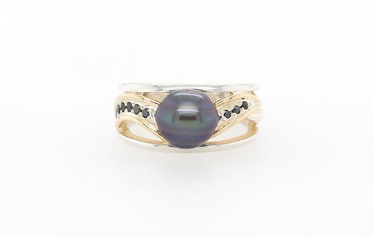 Pearl & Black Diamond Pave Ring