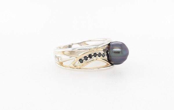 Pearl & Black Diamond Pave Ring