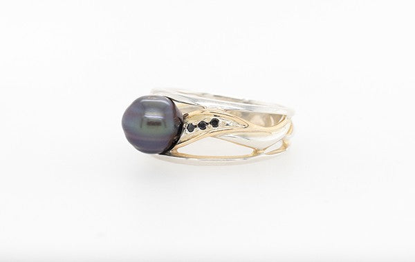 Pearl & Black Diamond Pave Ring