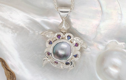 Turtle Pendant Mabe Pearl & Diamonds Titanium Articulated