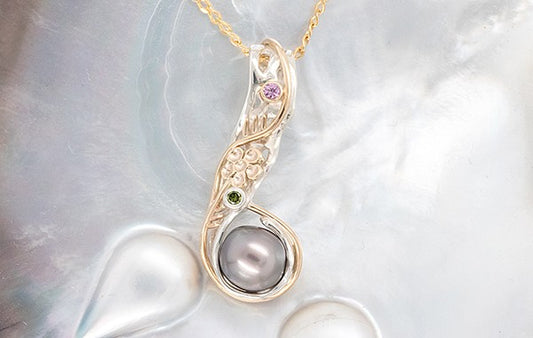 In The Wild Pearl, Green Diamond & Pink Sapphire Pendant